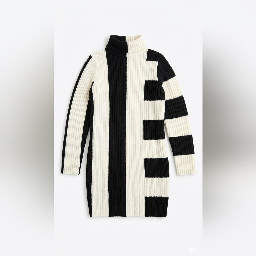 Ribbed Turtleneck Long Sleeve Dress in Black & White